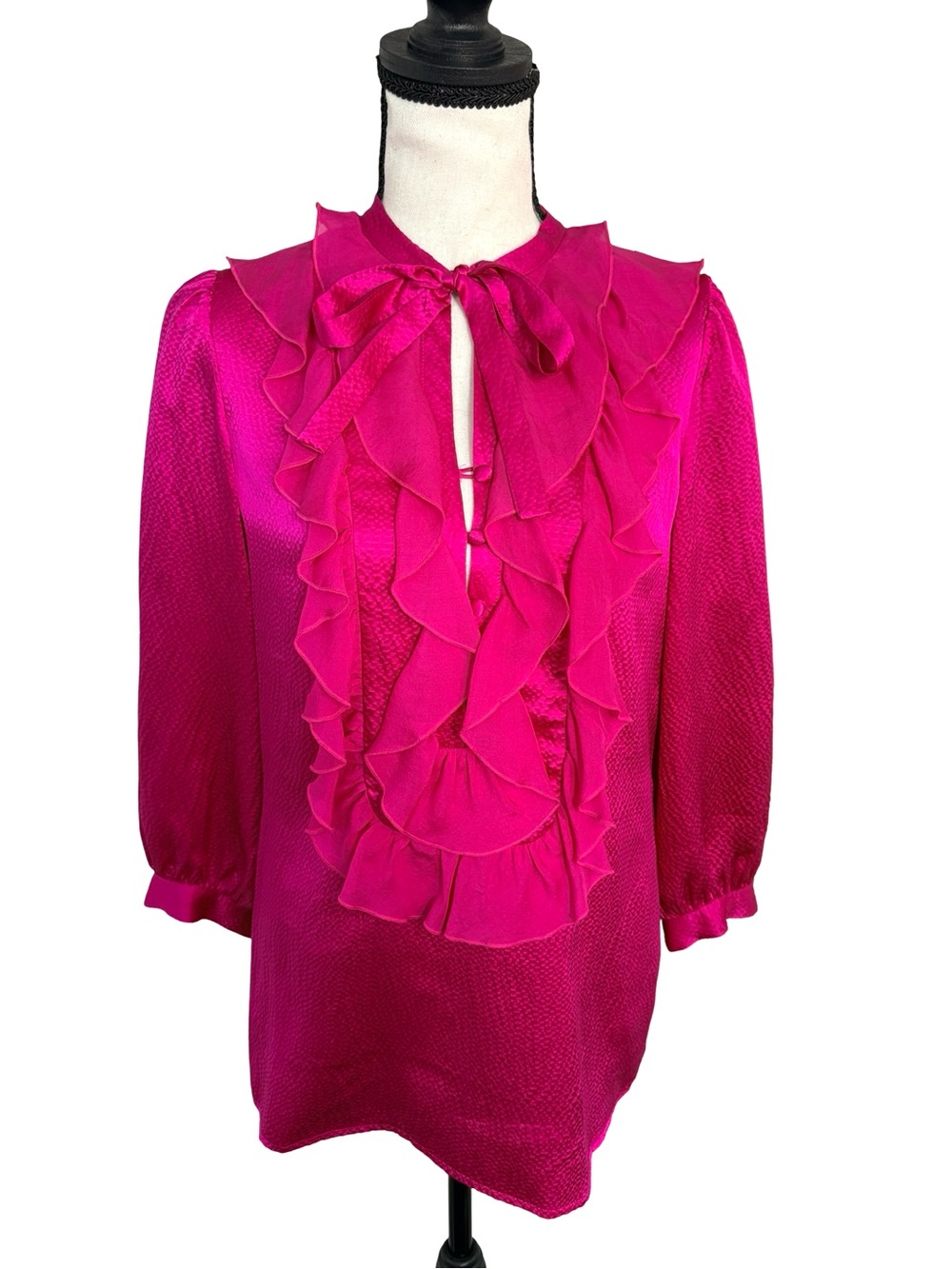 Development Erica Davies Fuchsia Satin Tie Neck Ruffle Blouse M